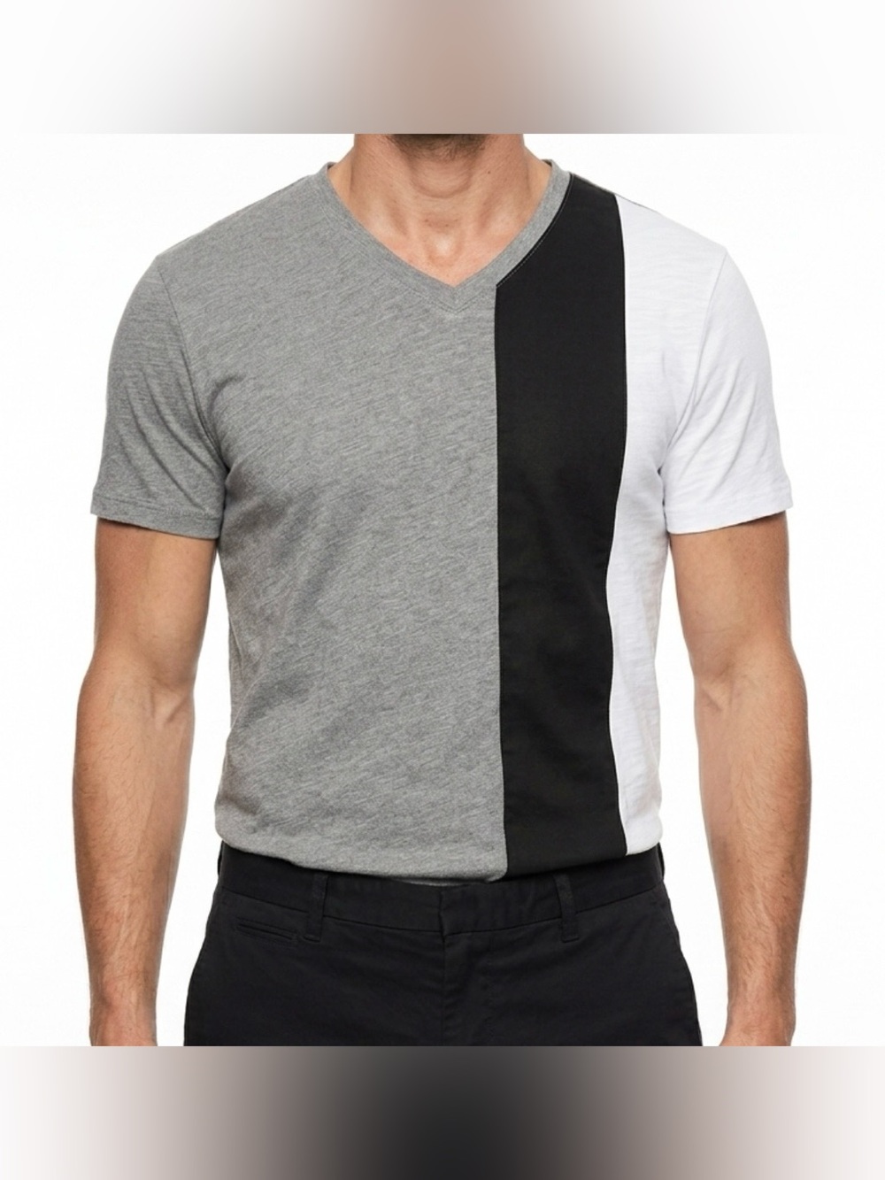INC Men's V-Neck Colorblock Tee in Gray, Black & White